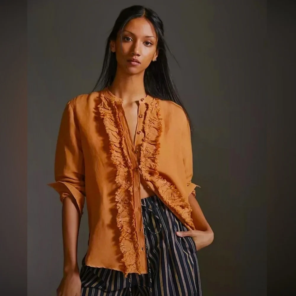 Anthropologie Pilcro Ruffled Button-Up Top In Warm Honey - Picture 5 of 5